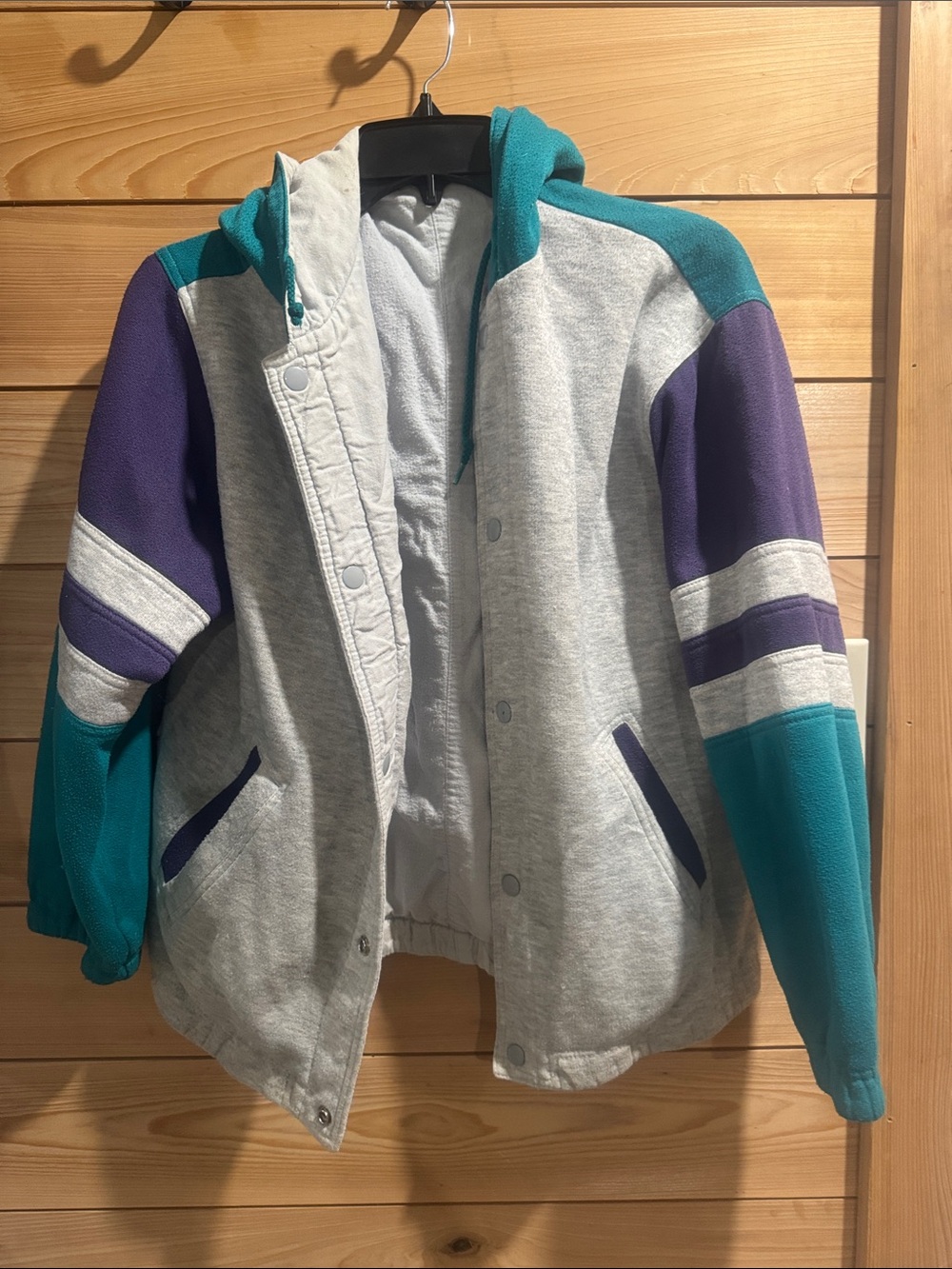 Vintage 90s Hooded Colorblock Jacket - Teal, Purple & Gray